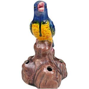 McCoy Pottery Hand Painted Blue Bird Flower Frog 4" vintage mcm